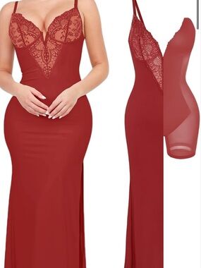 Popilush Red Lace Deep V Maxi Dress for Women built in Shapewear
